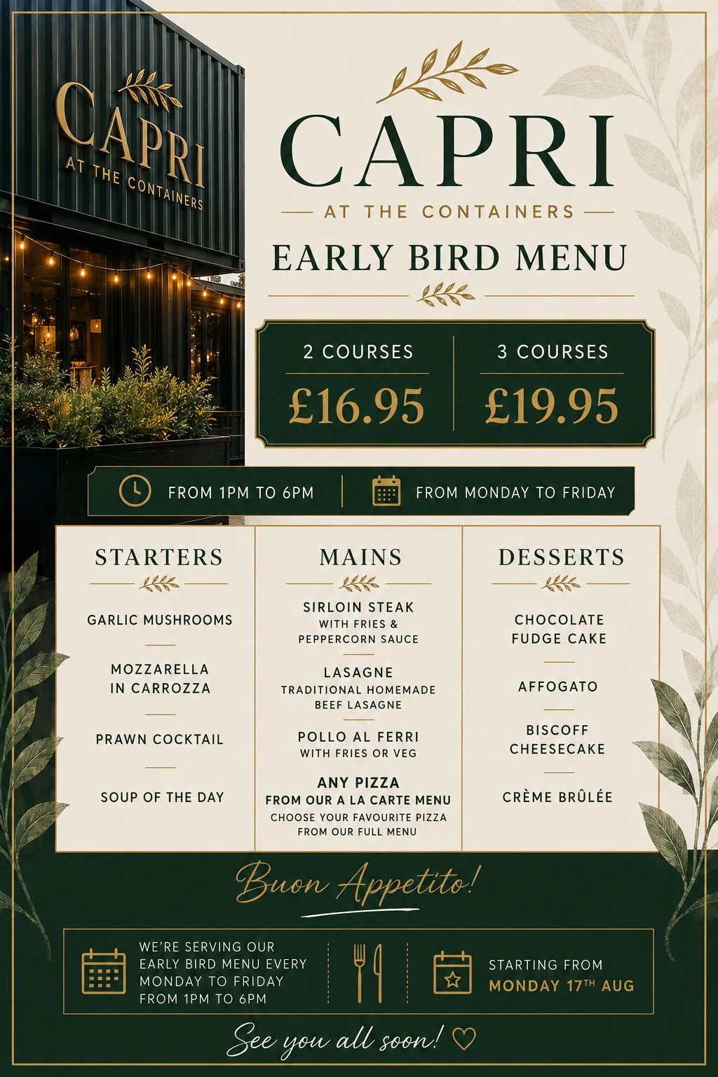 Capri at the Containers Early Bird Menu poster