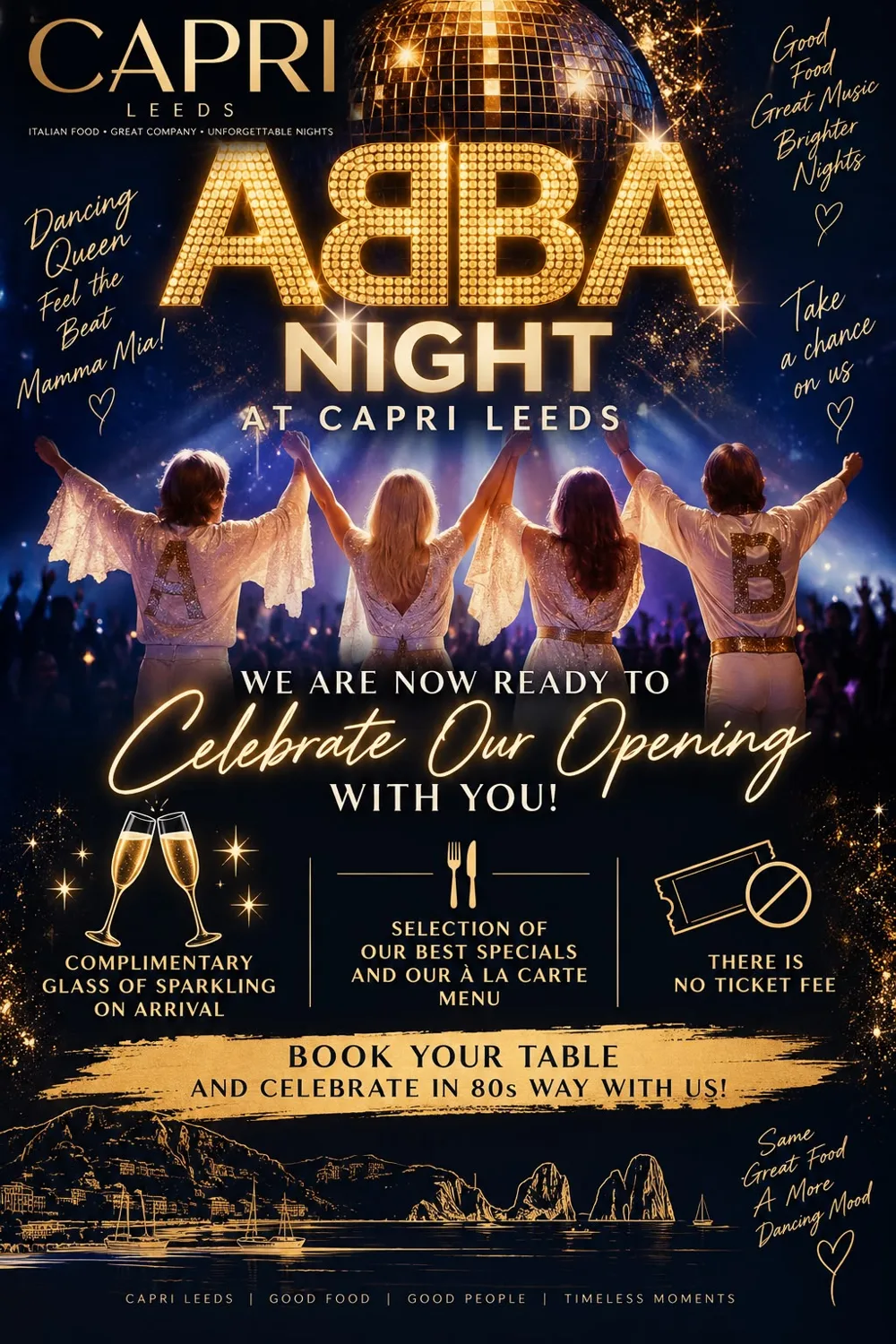 ABBA Night at Capri Leeds poster: complimentary glass of sparkling on arrival, specials and à la carte menu, no ticket fee
