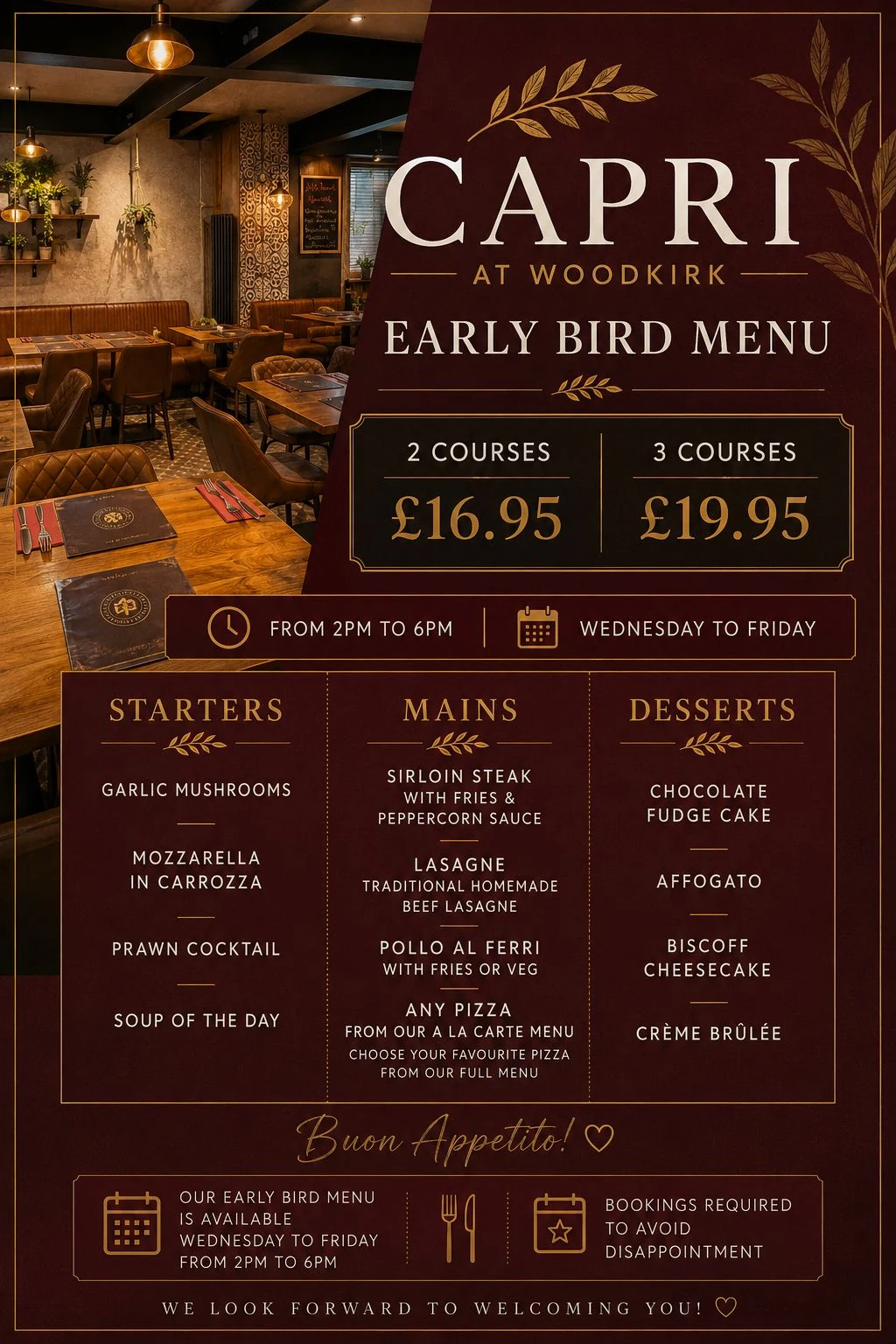 Capri Woodkirk Early Bird Menu poster